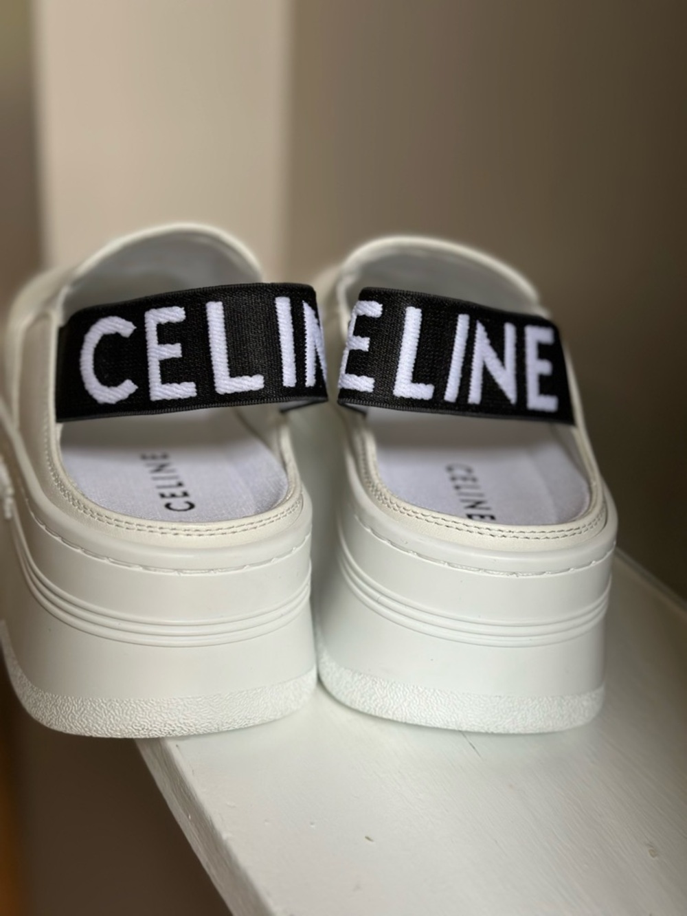 Celine White Leather Platform Slip-On with Black Logo Heel Strap - Picture 12 of 14